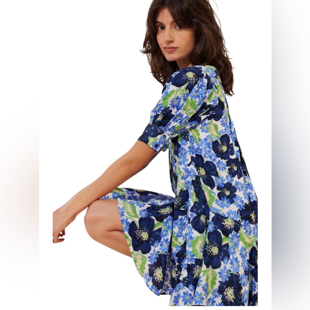 Free People Floral Mini Dress Blue Green Flowy V Neck Size LG Moon Chaser - Picture 12 of 13